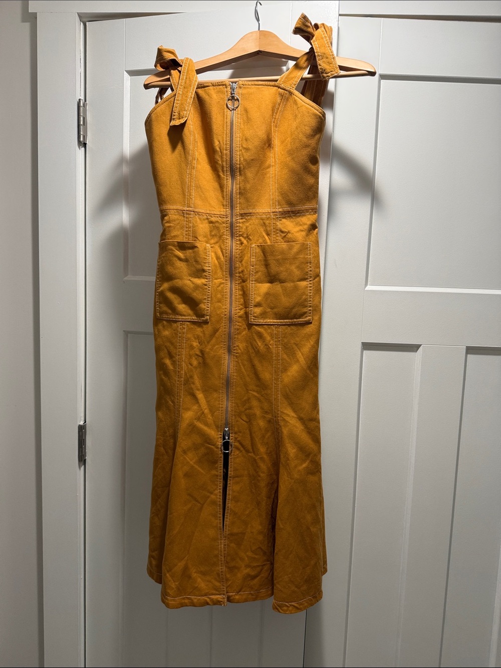 C/MEO Collective Mustard Zip-Front Tie-Shoulder Midi Dress